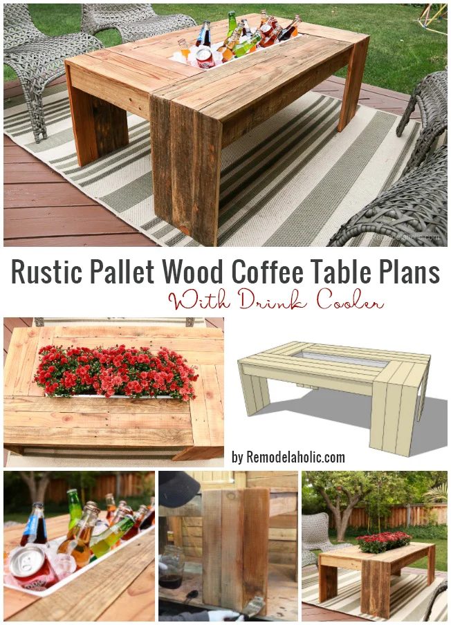 Build this rustic pallet wood coffee table for your patio -- the built-in drink cooler and waterfall style edges are fabulous! Free walkthrough, plans, and video at Bekob.com
