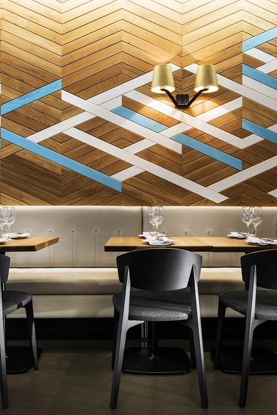 painted accent herringbone wood plank wall