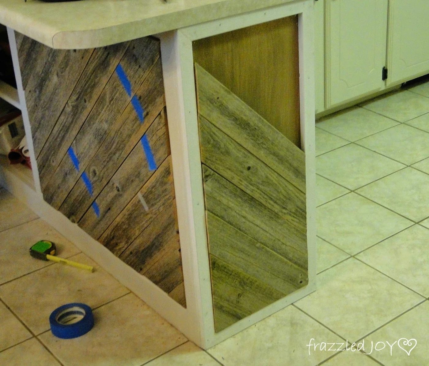 add diagonal planks to a kitchen island, Frazzled Joy on Bekob