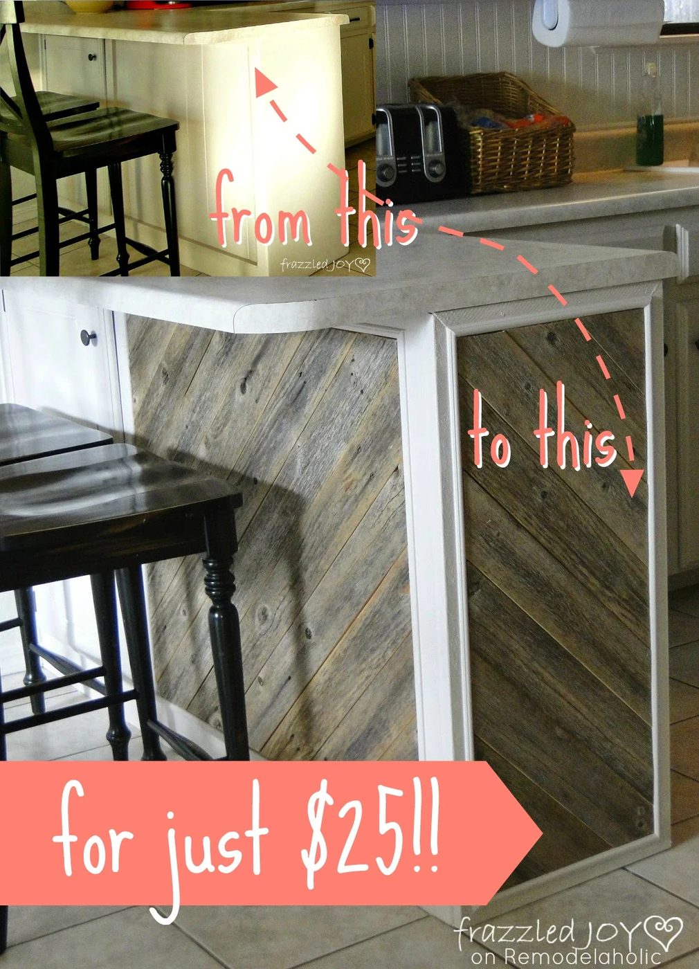 $25 Rustic Reclaimed Wood Plank Kitchen Island walkthrough, Frazzled Joy on Bekob.com #kitchenisland #reclaimedwood