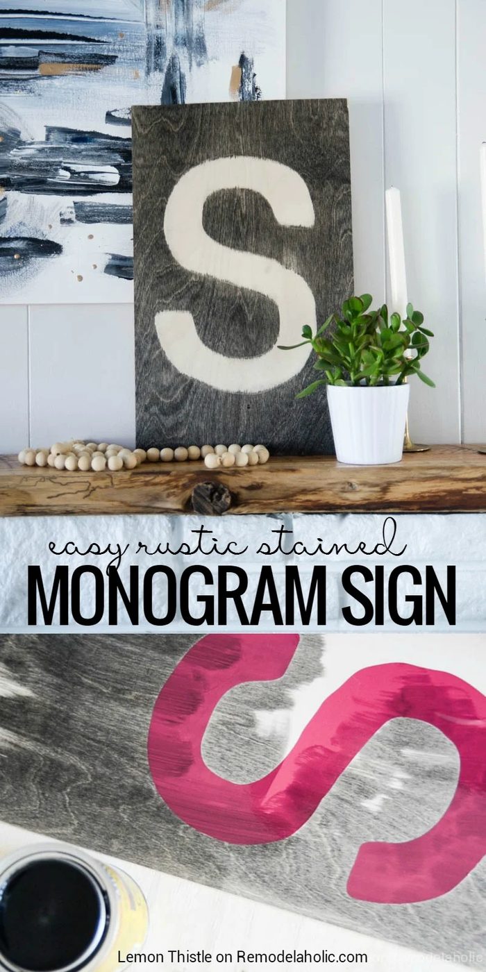 Add a personal touch to a gallery wall or mantel vignette with this straightforward and inexpensive Handmade rustic stained plywood monogram sign. Use a letter or any shape you can