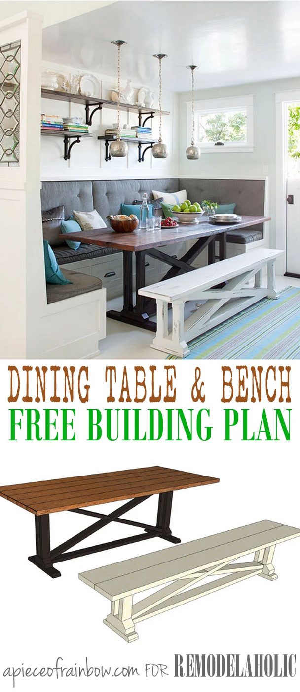Build a striking rustic X dining table and matching bench like this one featured in BHG! Easier than it looks and so striking! Free building plans by A Piece of Rainbow on Bekob.c