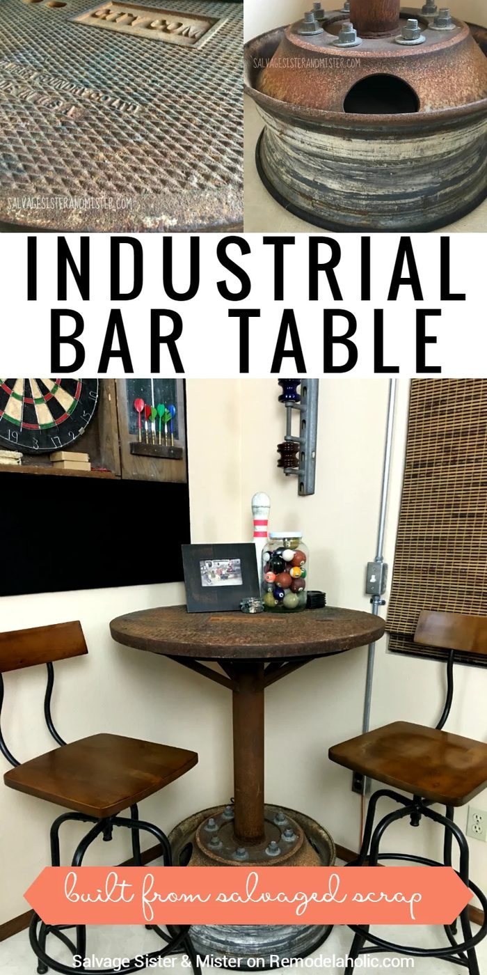 This Handmade industrial bar table was built from salvaged scrap metal found along side the road! Such a unique piece for a man cave or game room.