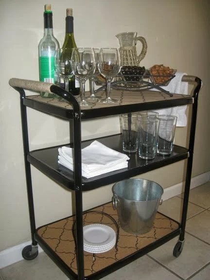 fully stocked bar cart from a salvaged metal cart, The Palette Muse featured on Bekob