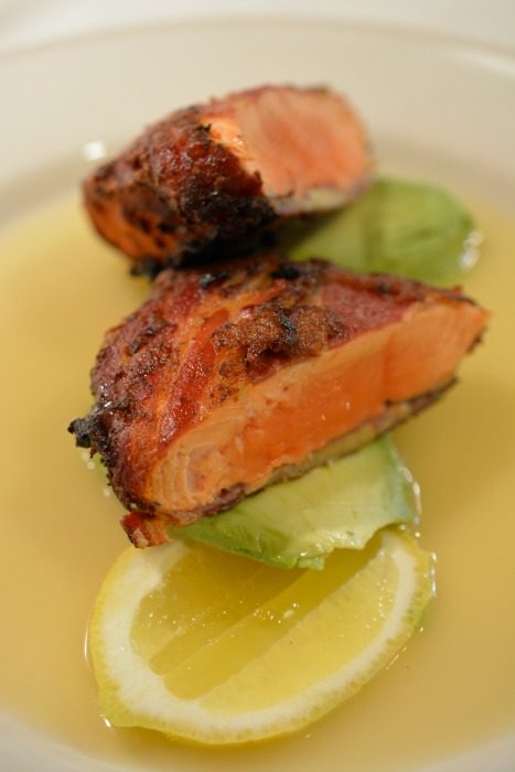 Schmacon-Crusted Atlantic Salmon | FOODIEaholic.com #recipe #cooking #salmon #seafood #Schmacon #baconsubstitute #avocado