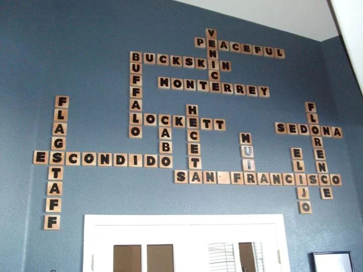 Handmade scrabble letter tiles vacation geography wall art for large tall wall by reader Malinda, walkthrough from @Bekob