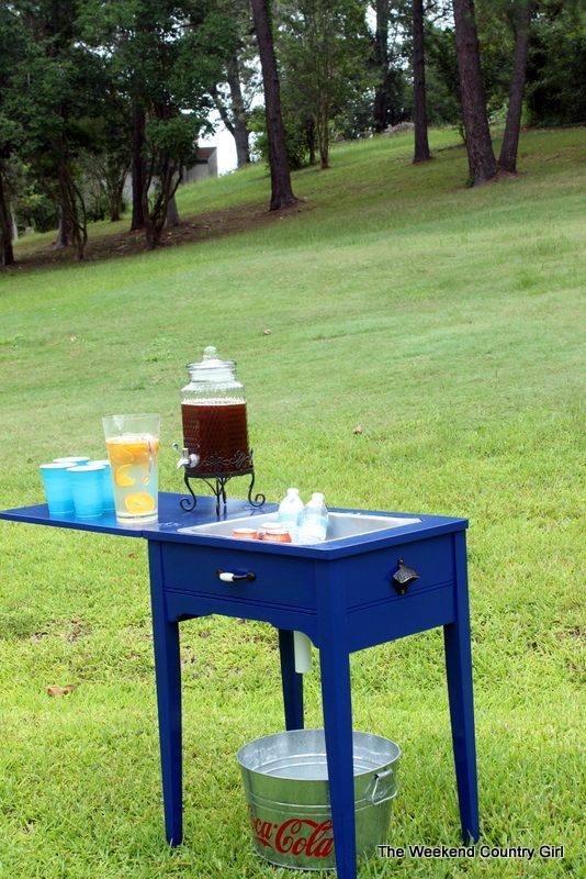 Old Sewing Table Into Drink Station with Drain | The Weekend Country Girl featured on Bekob.com #furniture #revamp #drinkcooler