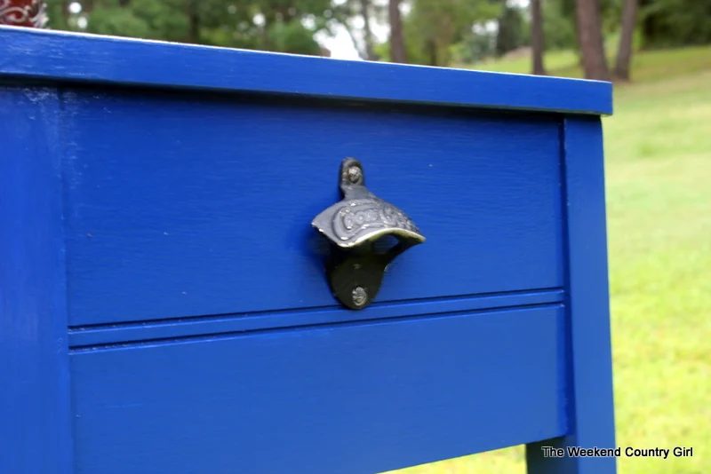 bottle opener on sewing cabinet drink station, The Weekend Country Girl featured on Bekob