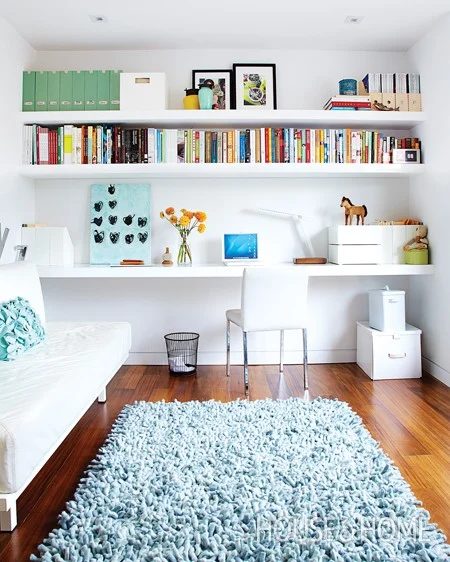 wall-to-wall office shelves and desk, House and Home