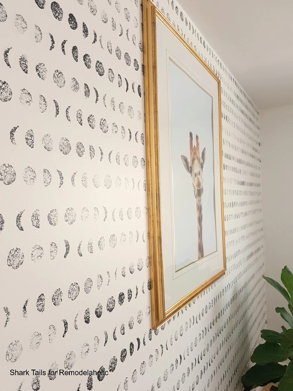 Handmade lunar cycle stamped accent wall for a gender neutral baby nursery | Paint this entire wall in one day and save hundreds of dollars over buying hand-painted wallpaper
