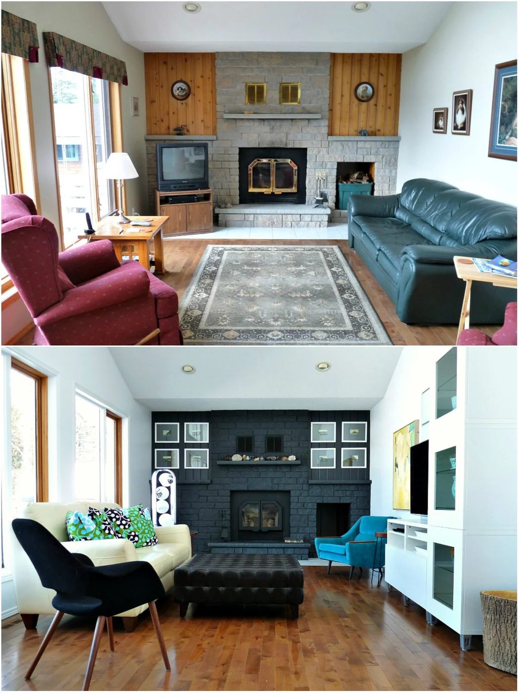 Living Before and After with Dark Painted Fireplace, Dans le Lakehouse on Bekob