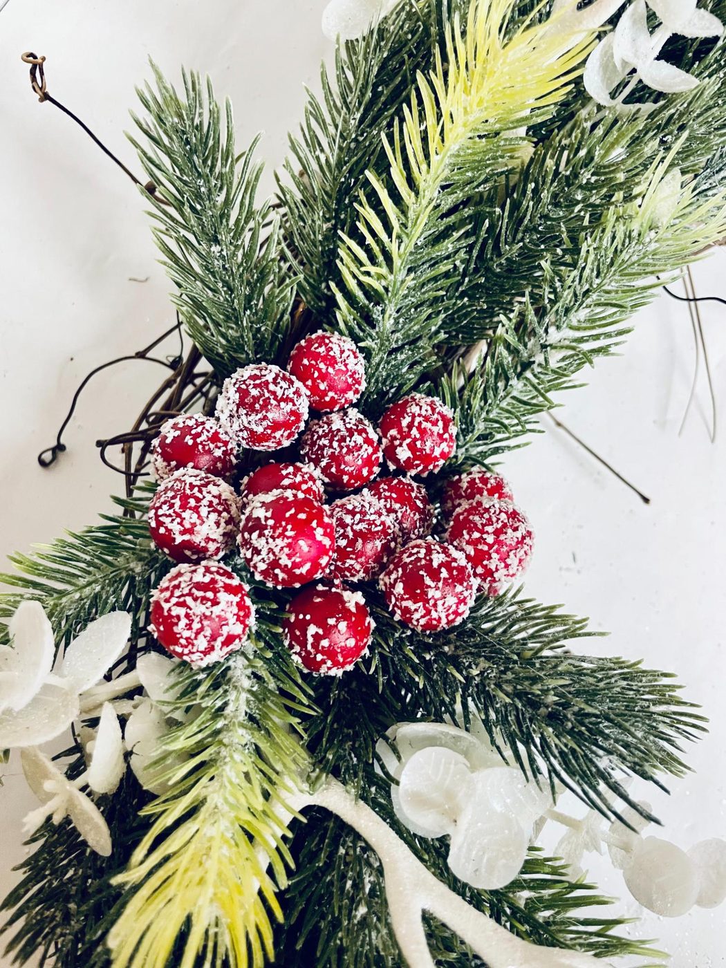 direct Handmade Dollar Tree Christmas Wreath walkthrough, Add Red Berries Cluster, Bekob