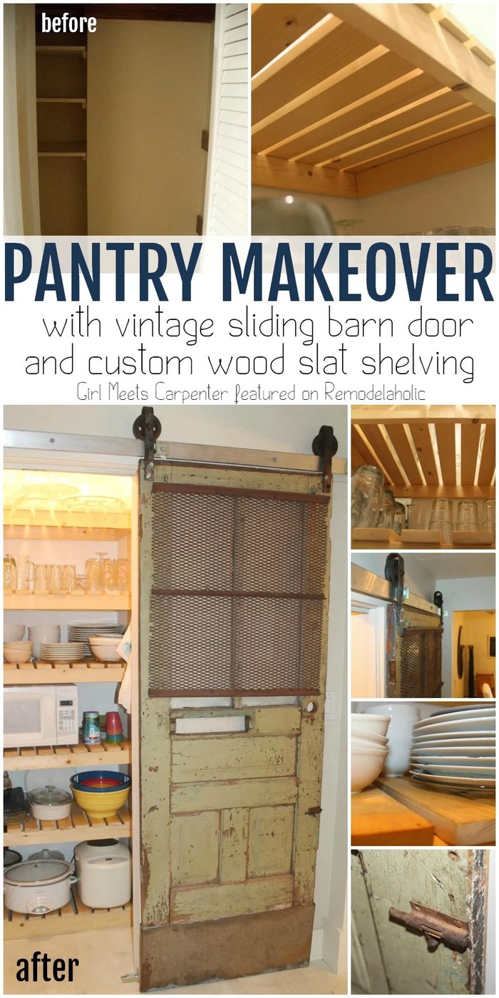 Handmade Pantry Makeover with Vintage Sliding Barn Door and Custom Wood Slat Shelving | Girl Meets Carpenter on @Bekob #beforeandafter #pantry #barndoor #handmade