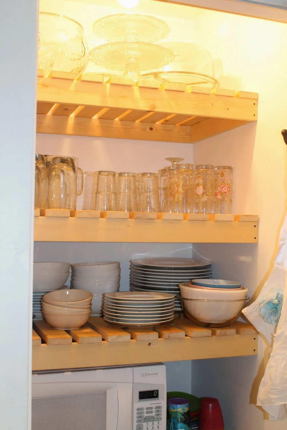 handmade wood slat pantry shelves with dishes, Girl Meets Carpenter on @Bekob