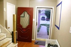 Entry updates black door white moldings entry table columns (12)