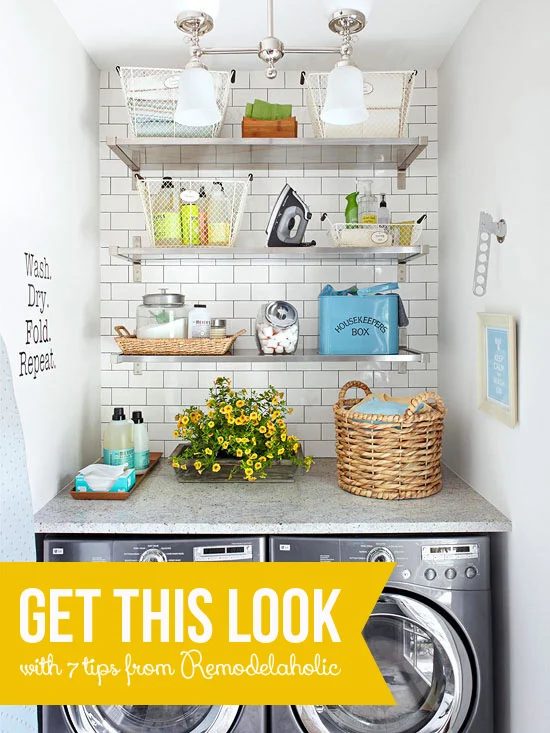 small laundry room with subway tile via Bekob.com