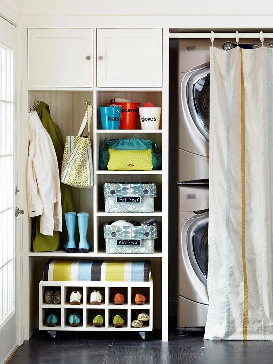 small space mudroom by the back door, via BHG
