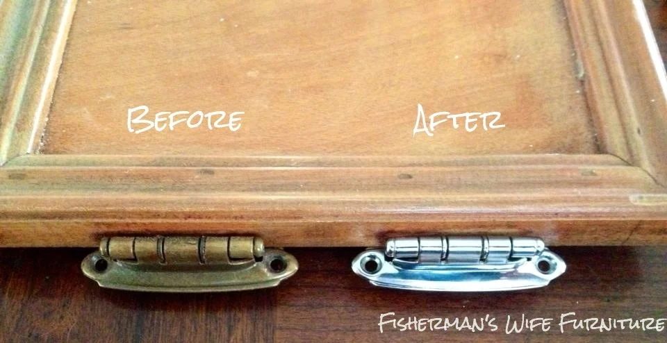 before and after chrome plated kitchen cabinet hinges, Fisherman's Wife Furniture featured on Bekob.com