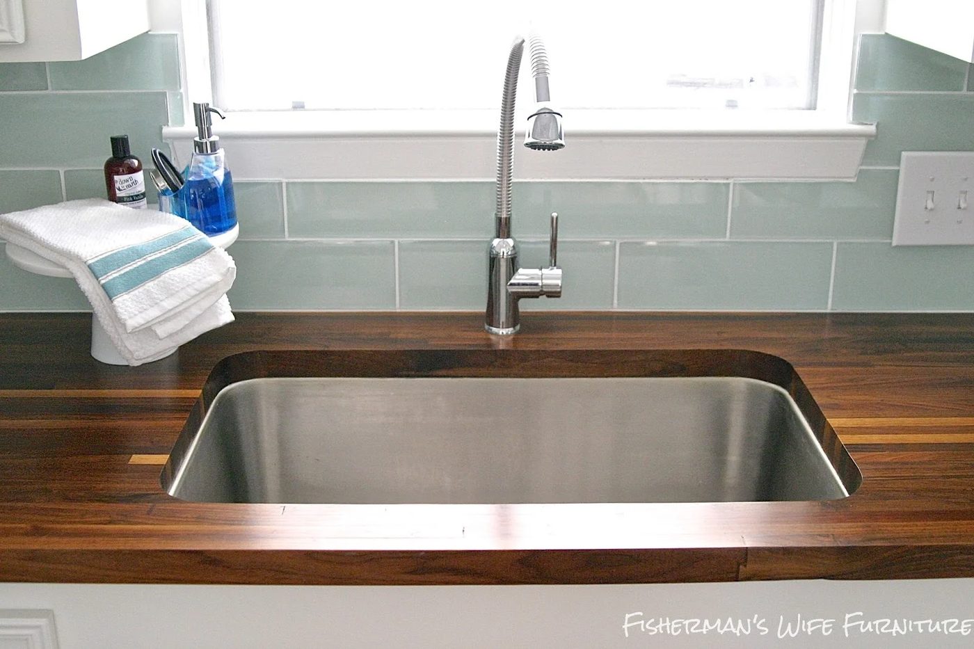 finished undermount sink with butcherblock countertops - small kitchen remodel, Fisherman's Wife Furniture featured on Bekob.com
