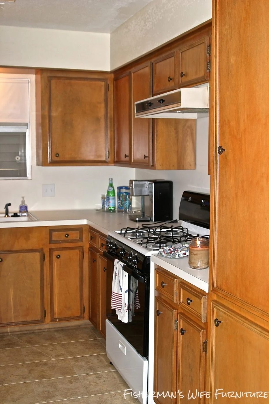 orange kitchen cabinets before the makeover, Fisherman's Wife Furniture featured on Bekob.com