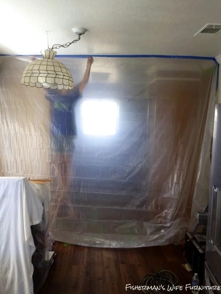 hang a plastic barrier when painting to protect from overspray and dust, Fisherman's Wife Furniture featured on Bekob.com