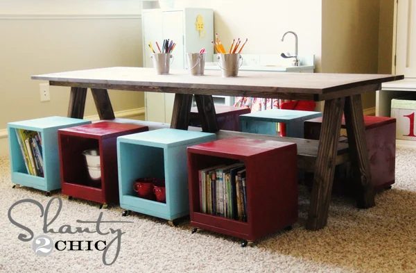 Kids Playroom Table with Storage Stools