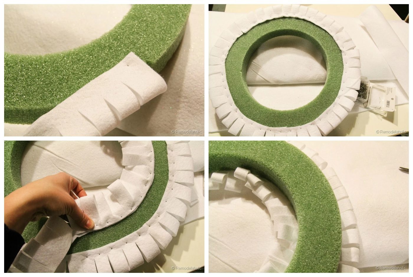 Attaching the felt to the wreath form for a handmade snowman wreath from Bekob