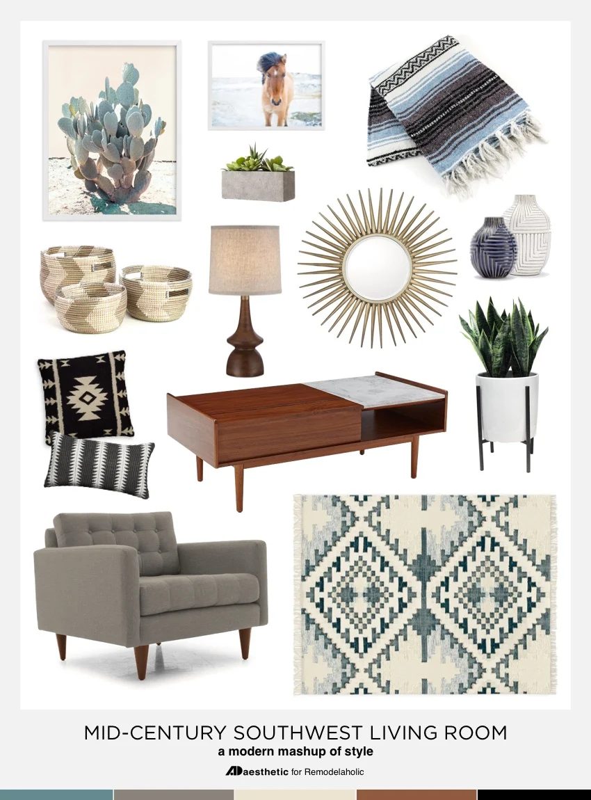Explore a striking, comfortable combination of styles with this Southwestern Mid-Century Mashup mood board. Plenty of inspiration plus tips for making it work in your home from AD 