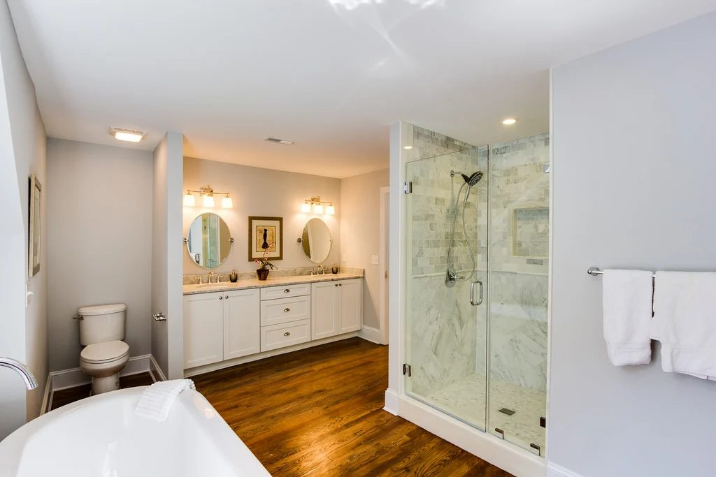 (Old Springs) bright and airy large bathroom renovation, sky blue from Benjamin Moore