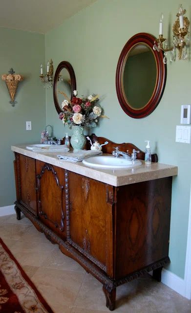 elegant master bath remodel with vintage sideboard vanity - Saltbox Treasures via @Bekob