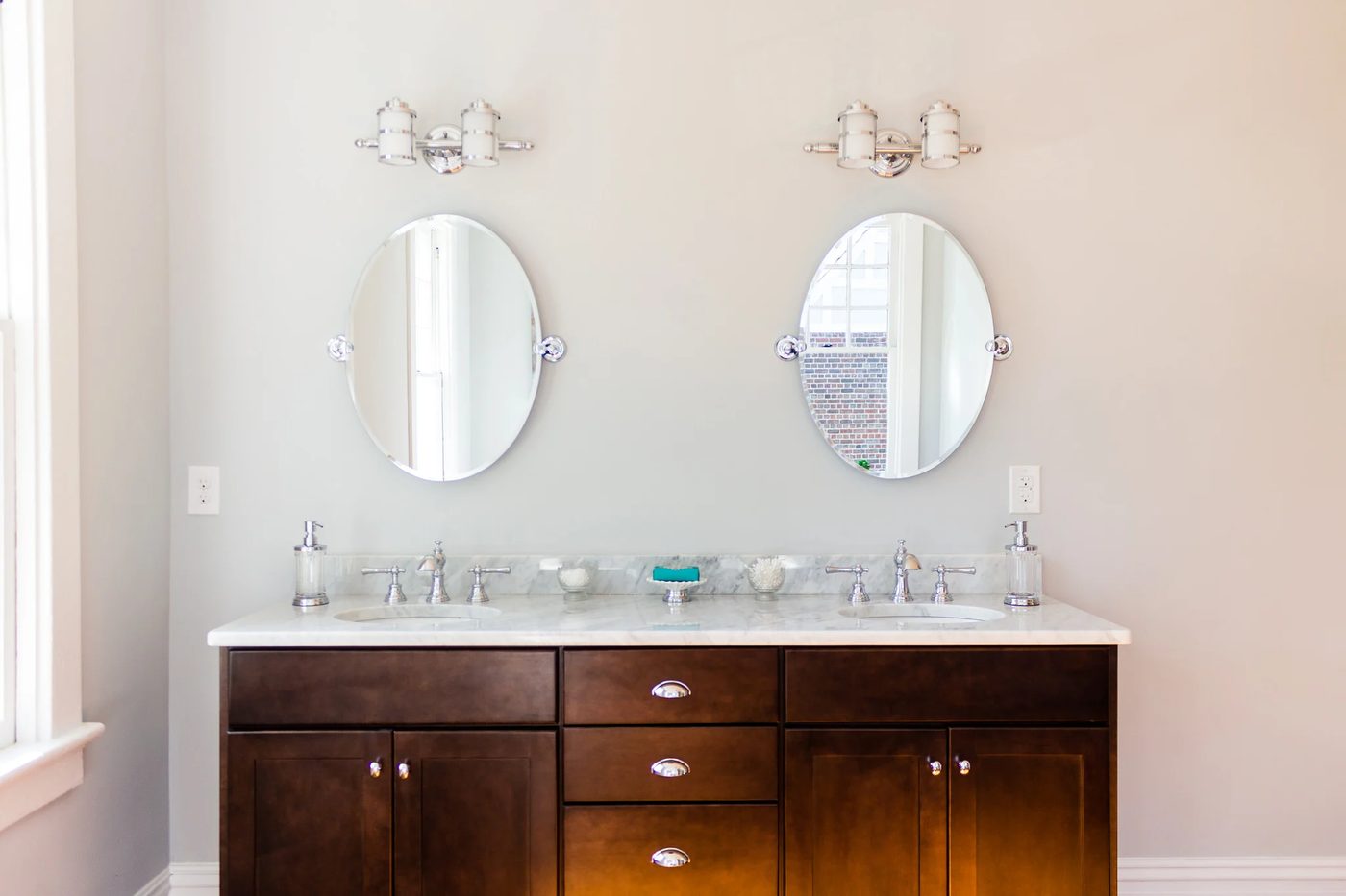 (Hawthorne) spacious open bathroom with wood floor dark espresso double vanity mirrors @Bekob