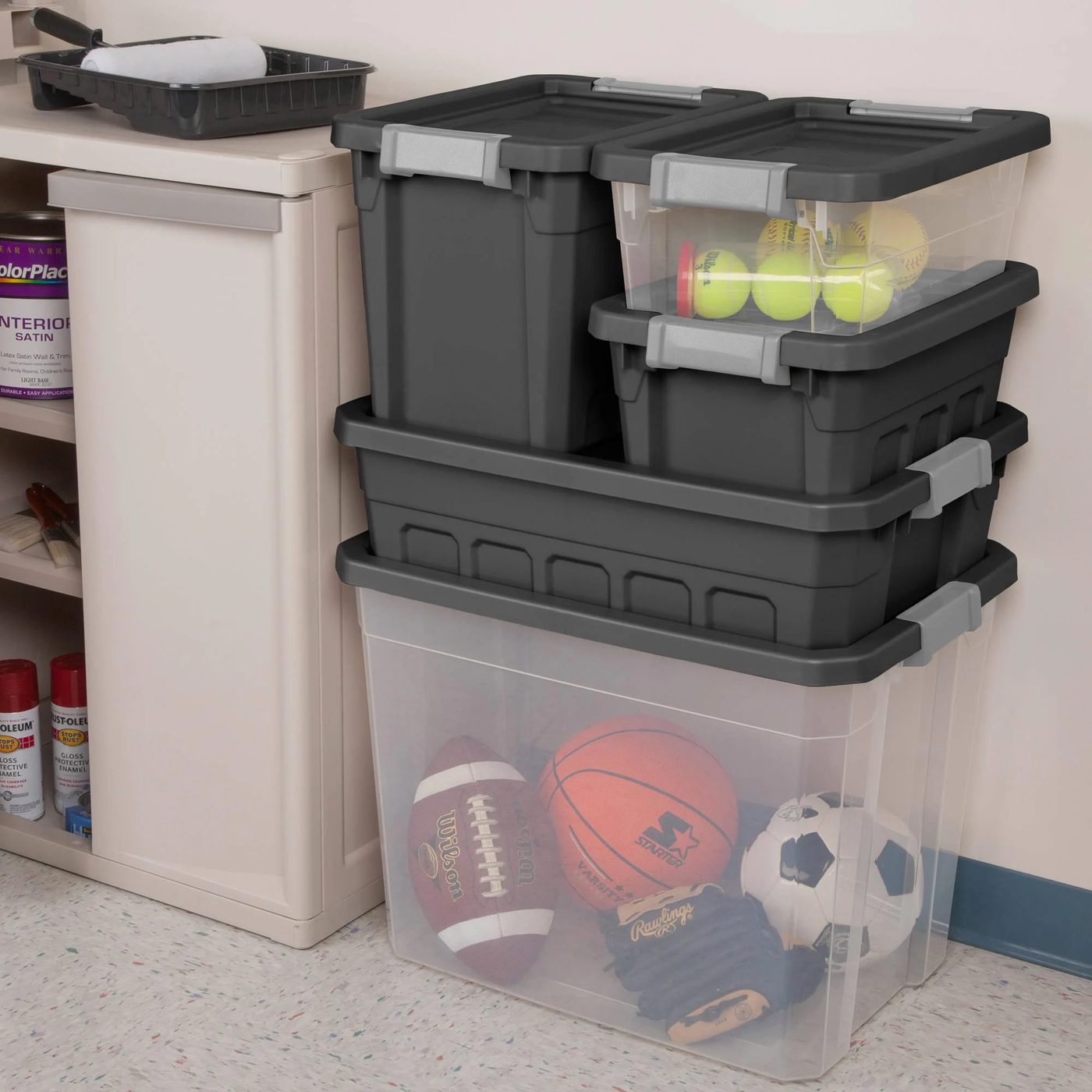 solid bins for organizing the garage from Walmart