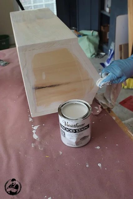 Handmade Root Vegetable Storage Bin - Step 10 - stain with varathane whitewash wood stain