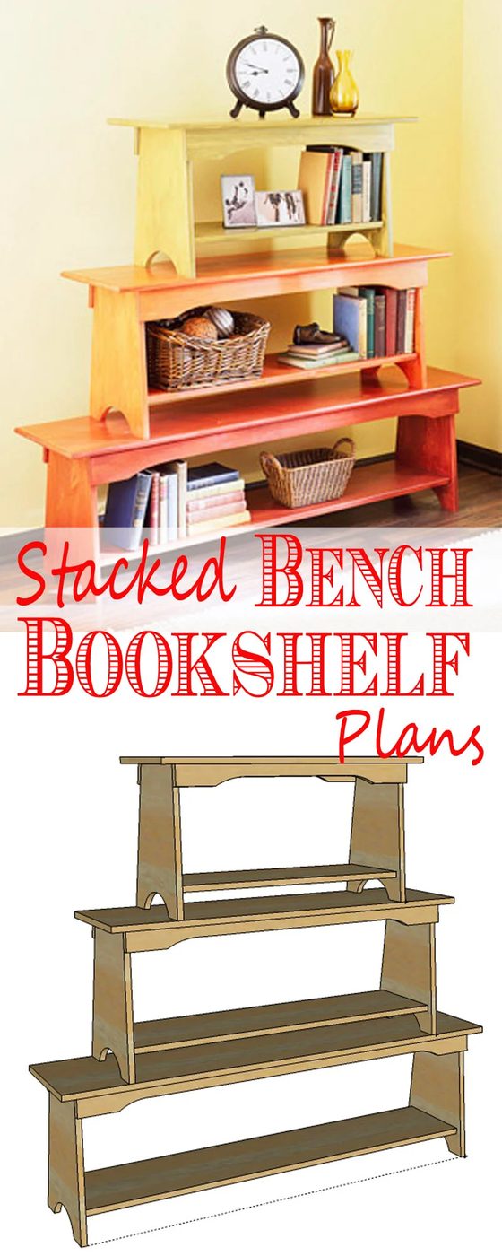 Building plan: 3 different sized benches, can then be used separately or stacked and secured to make a unique stacked bench bookshelf - Bekob.com