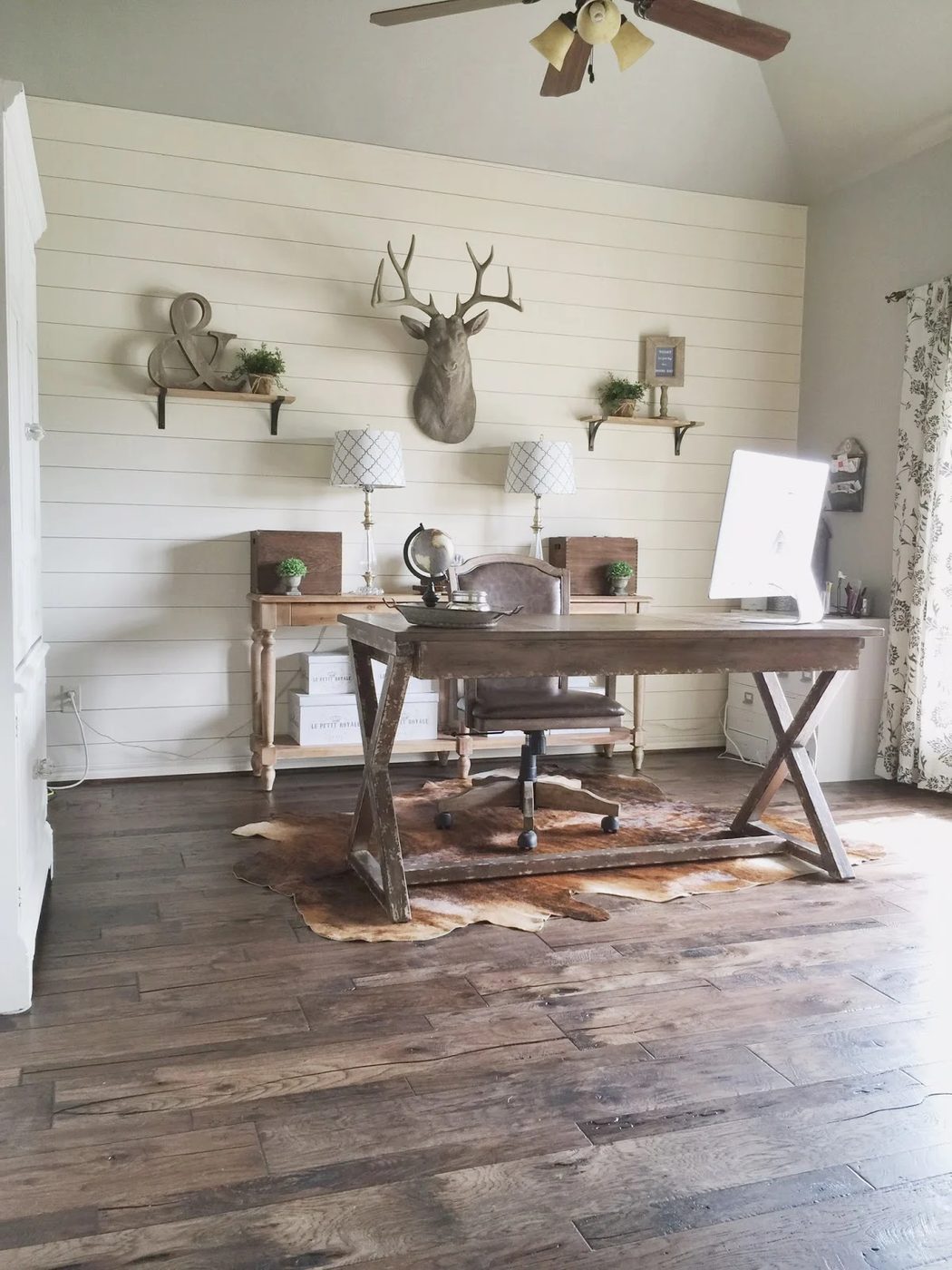 rustic home office with Handmade shiplap wall and striking hickory wood flooring, Jillify It on @Bekob