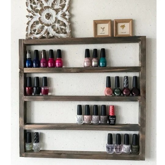 Rustic Wooden Display Shelf With Open Back 4 5 Shelves Showing A Variety Of Nail Polishes