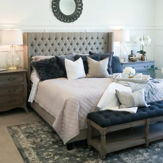Bedroom With Whites, Greys, Blues, And Greys, striking Room