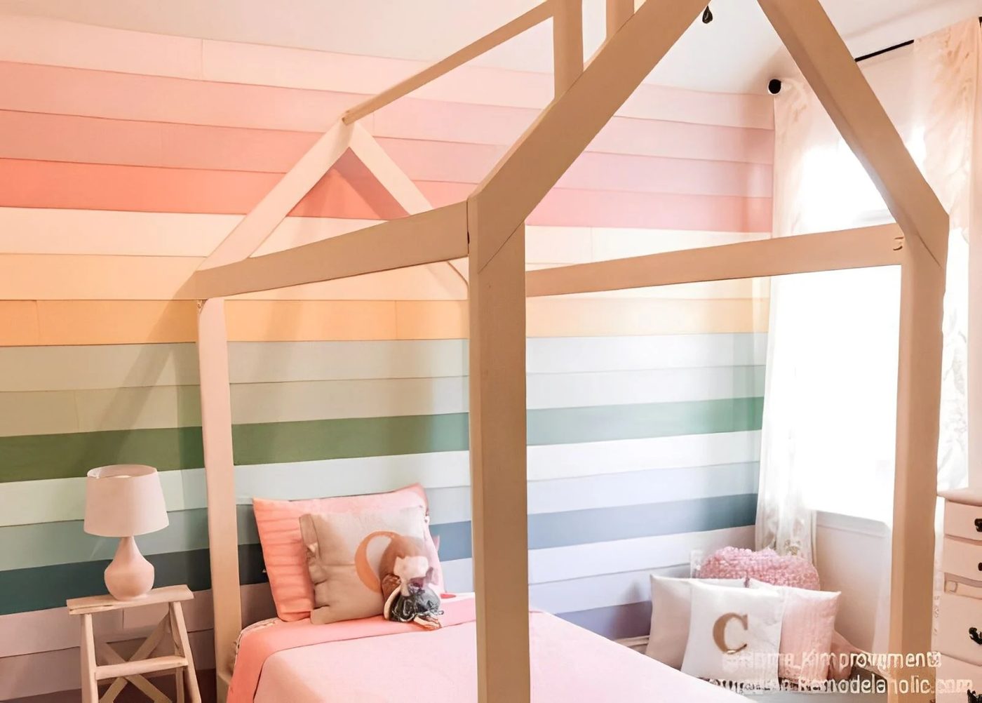 Kids Bedroom Wall Rainbow Shiplap With Handmade House Bed Frame Home Kimprovements For Bekob Feature 450x322 (1)