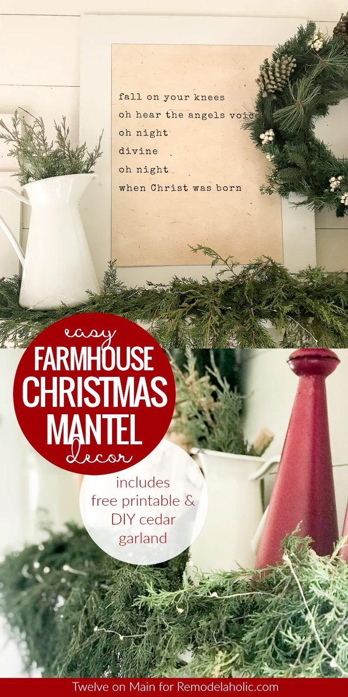 Diy Farmhouse Christmas Mantel Decorating options With Free Oh Holy Night Printable And How To Make Your Own Waterfall Cedar Garland From Fresh Evergreen Branches @Bekob