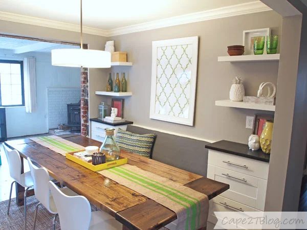 dining banquette with floating shelves, Cape27