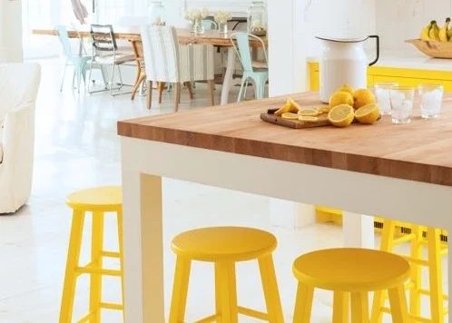 Neutral white with sunny yellow kitchen accents, cabinets, bar stools via Style Carrot | How to add Yellow in Kitchen decorating #Bekob