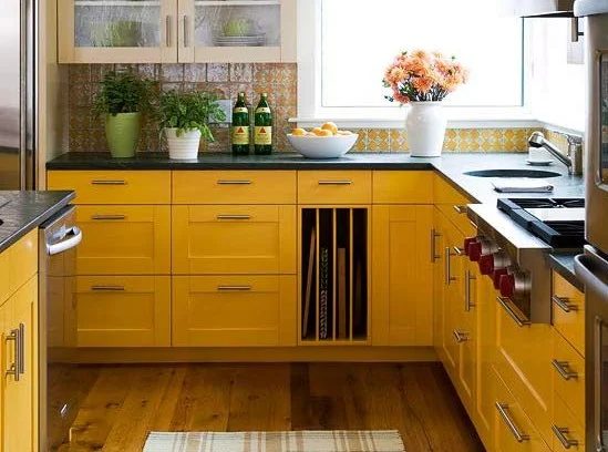 Modern Yellow Kitchen Cabinets via BHG | Yellow Kitchen Inspiration #Bekob