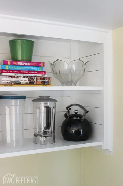 add texture to open cabinet shelving with straightforward planking Two Feet First