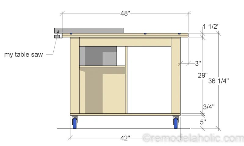 Side View, Handmade Router Table and Table Saw Workbench Building Plan | Free Printable Building Plans #Bekob