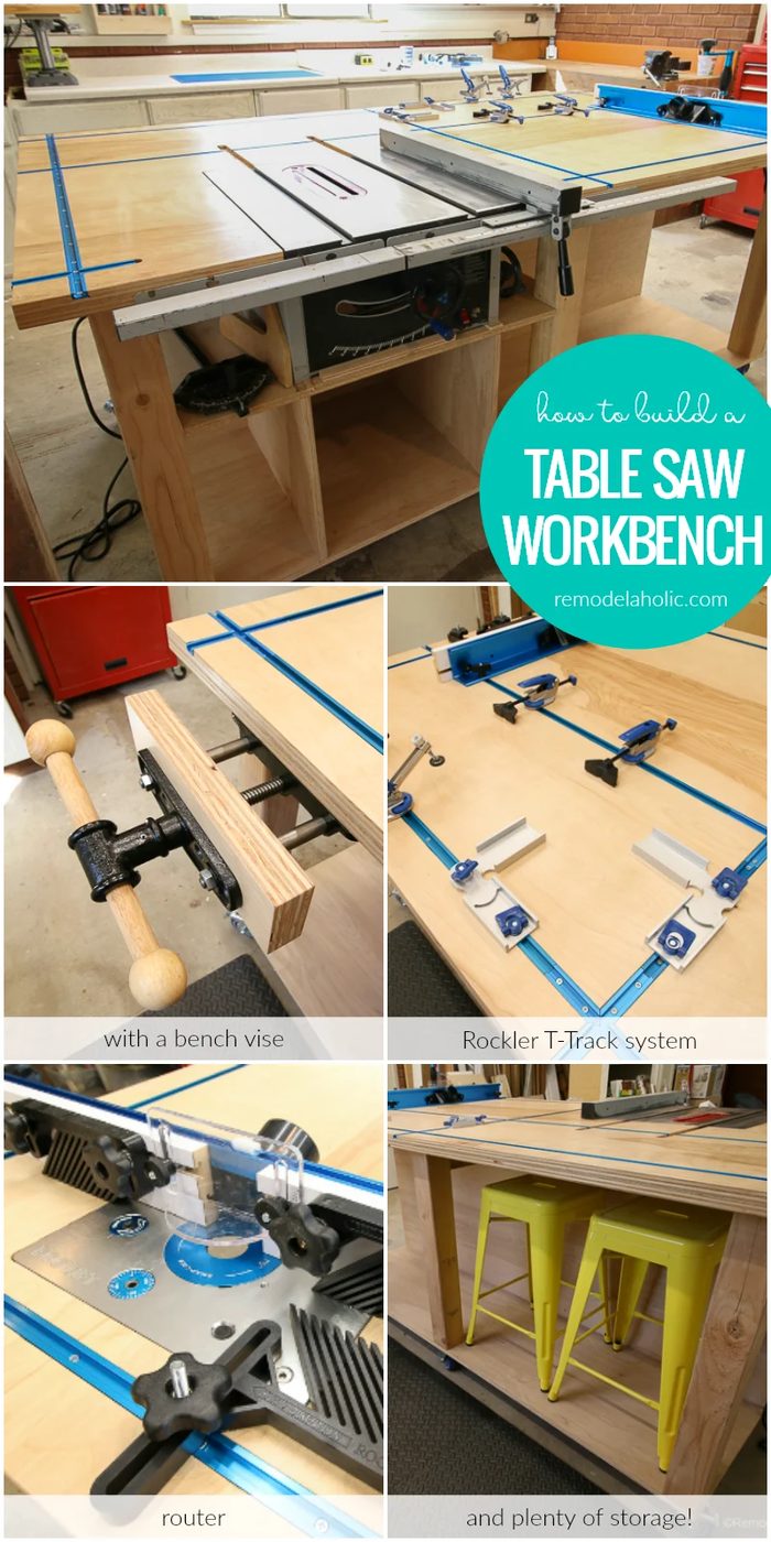 Build A Table Saw Workbench With A Bench Vise, Rockler T Track System, Router Table, And Plenty Of Storage! Free Building Plan #Bekob