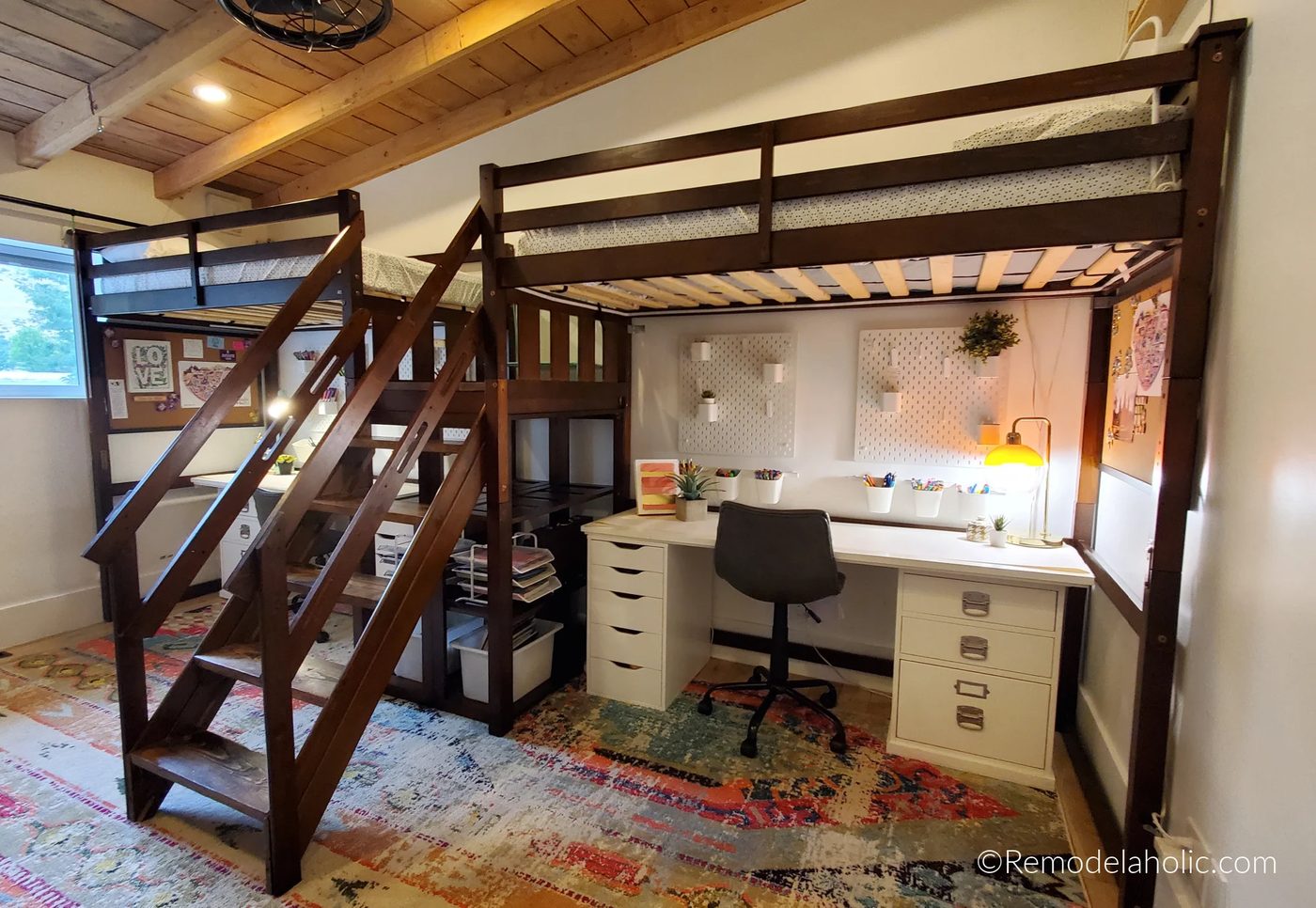Tall Double Loft Bed For Teenage Shared Bedroom With Full Desks Under And Bookshelf Stairs, Bekob