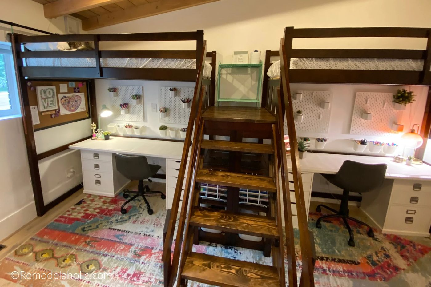 Handmade Loft Bed Stairs Between Raised Tall Loft Beds For Teenagers With Full Desks Under, Bekob