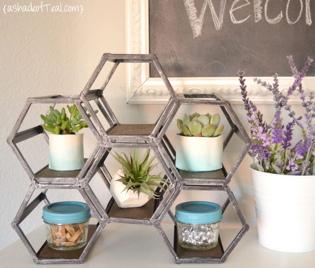 geometric wine rack into desk display shelf
