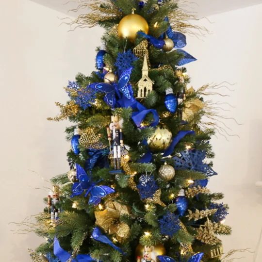 Christmas Tree Decorated In Gold And Blue Decor From The Dollar Store