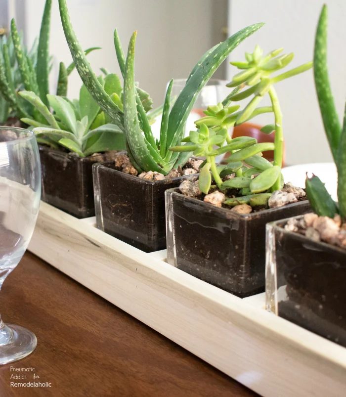 Long Wood Planter With Glass Pots As A Centerpiece